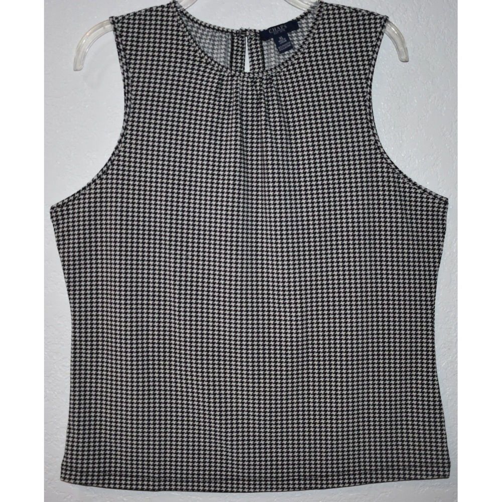 Chaps Womens XL Top Houndstooth Sleeveless Black White Pleated Neck Blouse